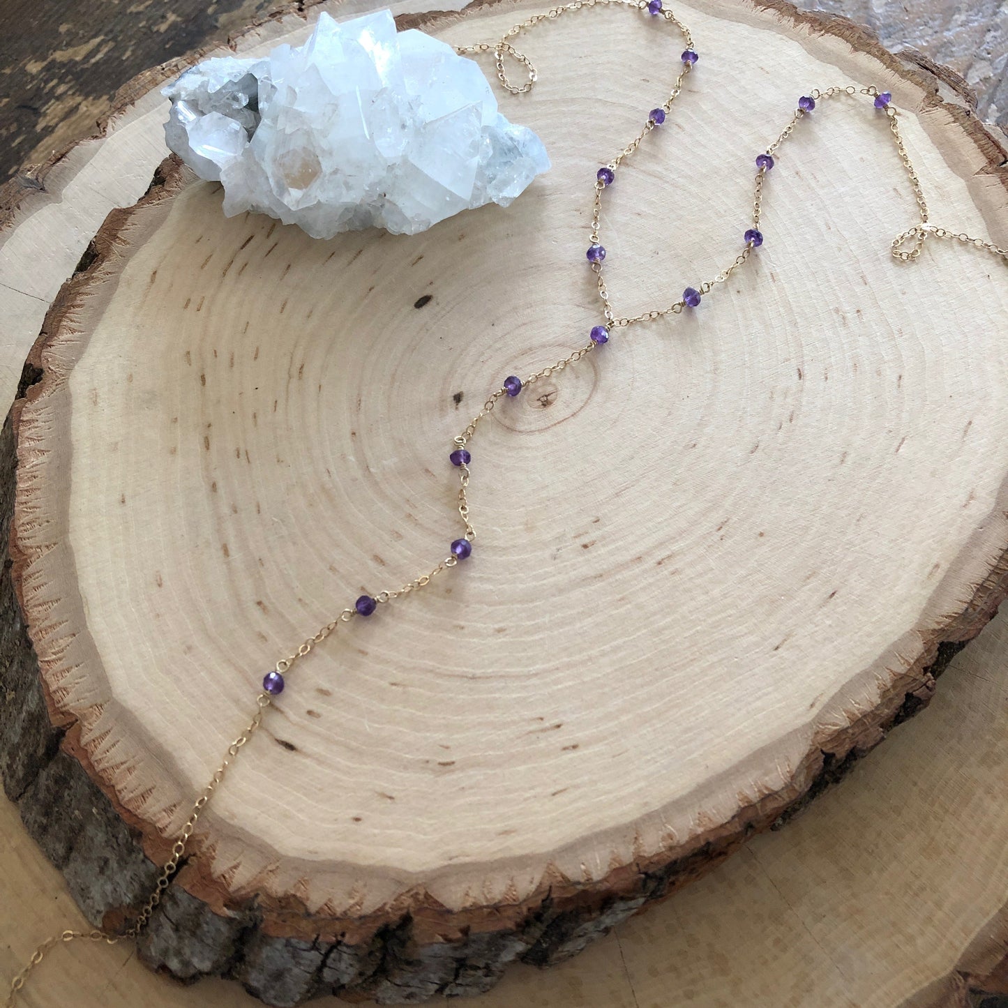 Amethyst Crystal Wire Wrapped Y-Necklace with 14K Gold Filled Chain