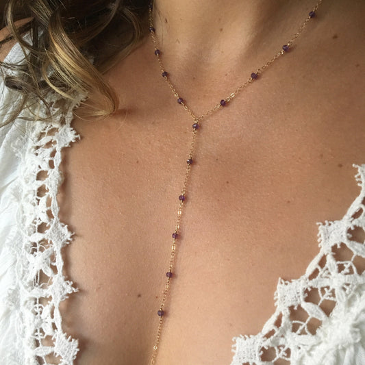 Amethyst Crystal Wire Wrapped Y-Necklace with 14K Gold Filled Chain
