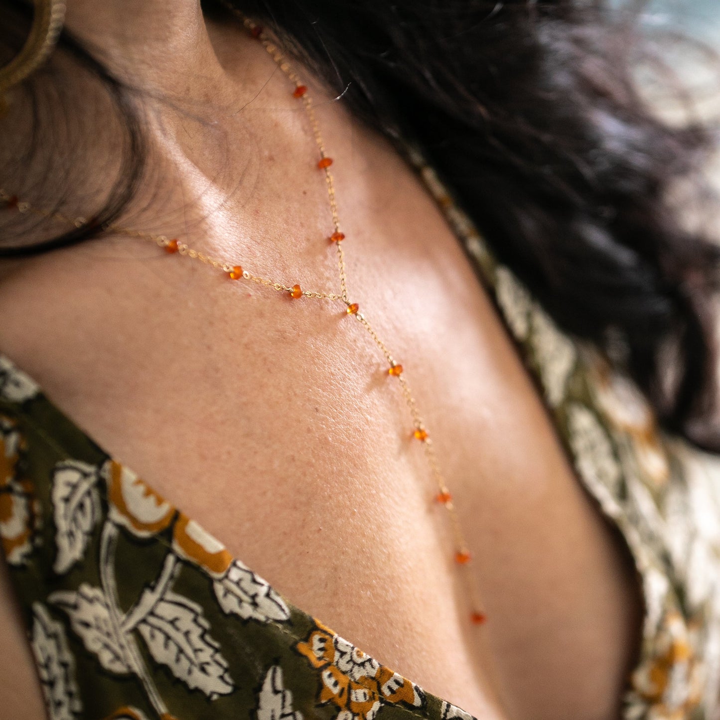 Carnelian Crystal Wire Wrapped Y-Necklace with 14K Gold Filled Chain
